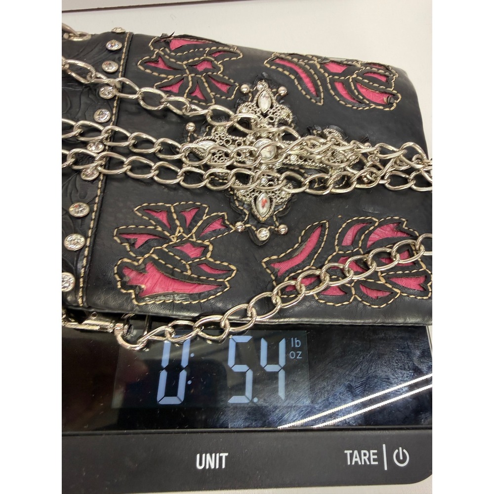 Western Black Pink Floral Cross Rhinestone Crossbody Phone Bag Chain Strap - Picture 8 of 14